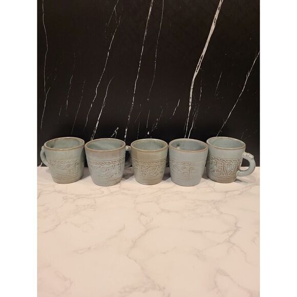 FRANKOMA Pottery Mugs /Cup 7C Blue /Green Mayan Aztec Set Of 5 Vintage MCM EUC - Picture 6 of 10